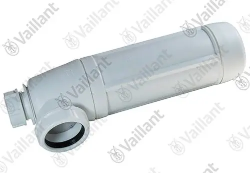 Siphonanschluss von Vaillant, Kunststoff in Weiß, mit einem abgewinkelten Design und einer Anschlussmuffe für eine Aluminiumleitung.